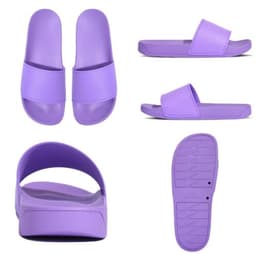 Purple slippers featuring a simple design, with a smooth finish and a durable sole. The product has a logo on it.