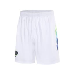 A pair of white tennis uniform shorts featuring a logo and colourful geometric design on the side.