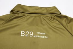 A micro mesh fabric polo top in olive green, featuring a collar and a branding logo on the back.