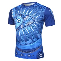 A blue Aboriginal cotton T-shirt featuring intricate patterns and designs, with a logo. Perfect for casual wear.