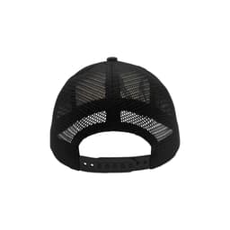 A black sublimated hat featuring a mesh back and adjustable strap. Includes a branding logo.
