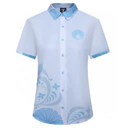A light blue shirt featuring decorative patterns and a logo, with a contrasting patterned collar.