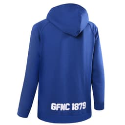 A blue polar fleece hoodie with a hood and a logo at the back.