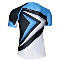A short-sleeved, anti-chlorine PBT T-shirt featuring a blue, black, and white design with a logo.