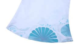A white shirt featuring a blue floral design along the hem and a logo in one corner.