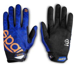 A pair of blue and black gloves with a logo, featuring a textured grip and full finger coverage.