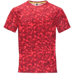 A red t-shirt featuring a digital camouflage pattern and a branded logo on the collar.