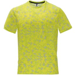 A bright yellow t-shirt with a camouflage pattern and a branded label on the neckline.