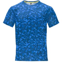 A blue T-shirt featuring a digital camouflage pattern and a logo on the collar.