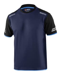 A navy blue t-shirt with black sleeves and blue detailing, featuring a logo on the front.