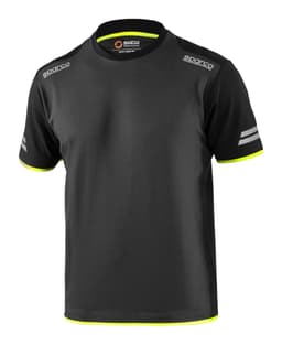A black T-shirt with reflective stripes and a logo on the shoulders, featuring a bright yellow trim.