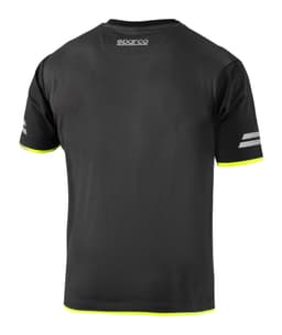 A black t-shirt with yellow accents, featuring a logo and two striped details on the sleeves.