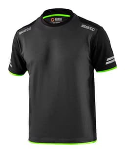 A black t-shirt with green accents and a logo, featuring stripes on the shoulders.