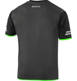 A dark grey t-shirt featuring green accents and a logo on the back, with grey stripes on the sleeves.