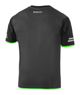 A black tech T-shirt with green accents and striped detailing on the sleeves. Features a logo on the back.