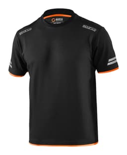 A black t-shirt featuring orange accents and stripes, with a logo on the front and shoulder area.