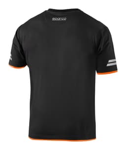 A black t-shirt with orange accents and a subtle logo at the back. Features two grey stripes on the sleeves.