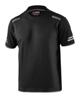 A black T-shirt featuring short sleeves and stripe details. It has a logo on the collar area.