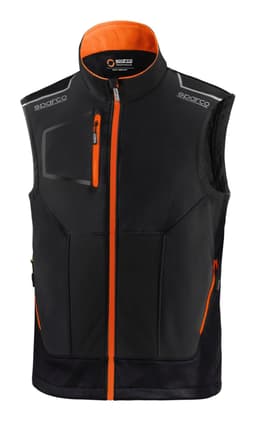 A black light vest with orange accents and a zippered front. It features a logo and multiple pockets.