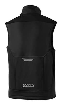 A black light vest with a logo, featuring a sleeveless design and a rear pocket.