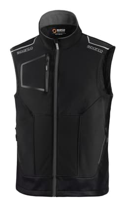 A black light vest featuring a zip front, stand-up collar, and a logo on the chest.