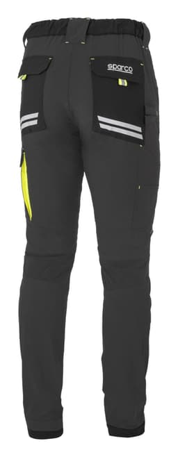 Light trousers in dark grey, featuring pockets, reflective stripes, and a branding logo on the back.