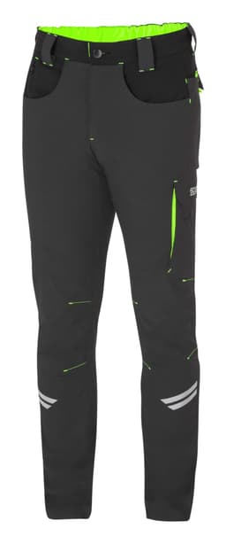Light trousers in black with fluorescent green accents and a logo, featuring multiple pockets and a belt.