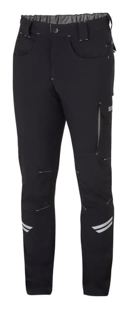 Lightweight black trousers with multiple pockets and reflective detailing, featuring an adjustable waistband and a logo.