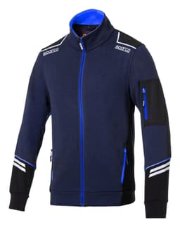 A navy and black full zip tech jacket featuring blue accents and a pocket on the sleeve. It has branding on the collar.