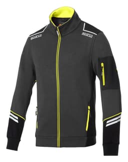 A grey full zip tech jacket with yellow accents and a branded logo on the collar. Features zippered pockets.