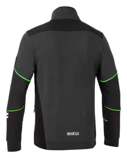 A full zip tech jacket in black and grey, featuring green accents and a logo on the lower side.