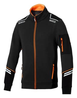 A full zip tech jacket in black with orange and reflective detailing, featuring a zip pocket on the sleeve and branding.