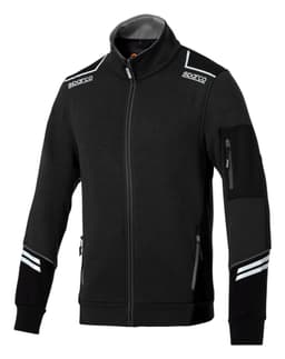 A black full zip tech jacket featuring reflective details and a zippered pocket on the arm. It has a logo on the collar.