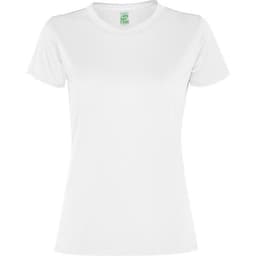 A white women's t-shirt with a classic fit and a logo on the label.
