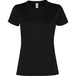 A black women's T-shirt with a crew neckline and short sleeves. It features a logo on the label.