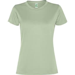 A light green women's T-shirt with a classic crew neckline and short sleeves, featuring a logo.