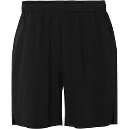 Black sports shorts featuring an elastic waistband and side pockets, with a logo on the front.