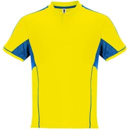 A yellow sports uniform top with blue accents, featuring a collar and short sleeves. It has a logo on the chest.
