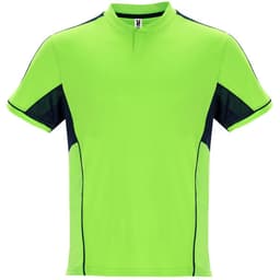 A green sports uniform top featuring navy blue accents and a short collar. It has a logo on the label.