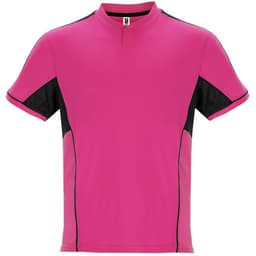 A pink and black sports uniform top featuring a short sleeve design and a logo.