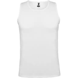 A white tank top with a logo, featuring a classic singlet design.