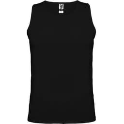 A black singlet tank top featuring a logo on the label.