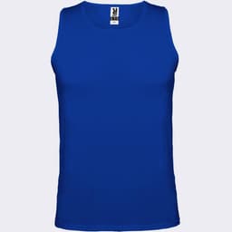 A blue tank top with a crew neckline and a label, featuring a logo.