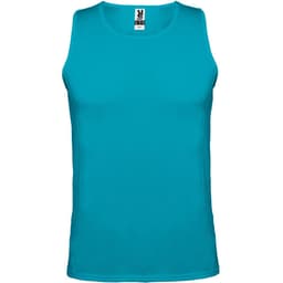 A turquoise tank top with a fitted style and a logo on the label. Ideal for warm weather wear.