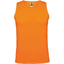 An orange singlet tank top with a logo on the label.