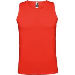 A red tank top with a logo at the neckline. It features a sleeveless design suitable for casual wear.