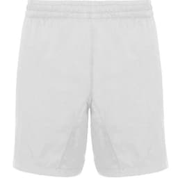 A pair of grey sports shorts featuring an elastic waistband and a logo.