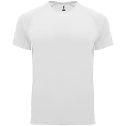 A plain white T-shirt featuring a crew neck and short sleeves, with a logo on the label.