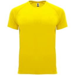 A yellow T-shirt with a round neck and short sleeves, featuring a logo at the neckline.