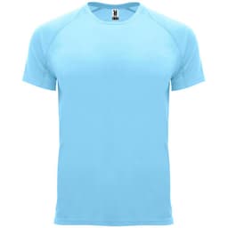 A light blue t-shirt with short sleeves and a round neckline, featuring a logo on the label.